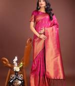 Magenta banarasi silk blend woven zari work tassel saree