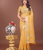 Yellow organza woven zari work tassel saree