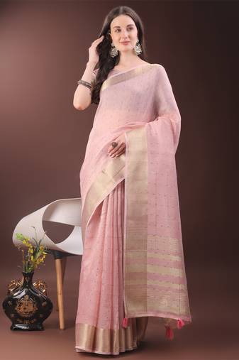 Light pink organza woven zari work tassel saree