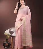 Light pink organza woven zari work tassel saree