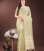 Light green organza woven zari work tassel saree