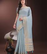 Sky blue organza woven zari work tassel saree