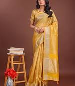 Yellow organza woven zari work tassel saree