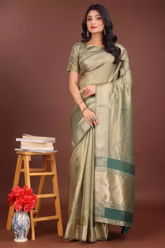 Light green organza woven zari work tassel saree