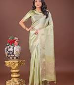 Light green organza woven zari work tassel saree