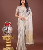 Grey organza woven zari work tassel saree