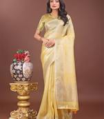 Yellow organza woven zari work tassel saree