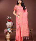 Peach linen cotton woven zari work tassel saree