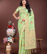 Light green linen cotton woven zari work tassel saree