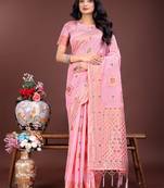 Light pink linen cotton woven zari work tassel saree