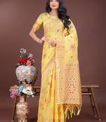 Yellow linen cotton woven zari work tassel saree