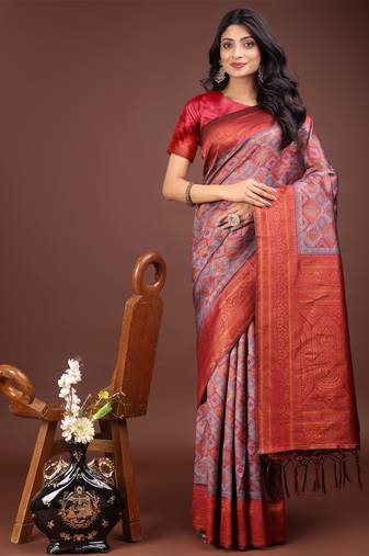 Grey cotton woven zari work tassel saree