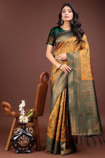 Yellow cotton woven zari work tassel saree