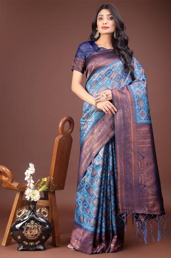 Sky blue cotton woven zari work tassel saree