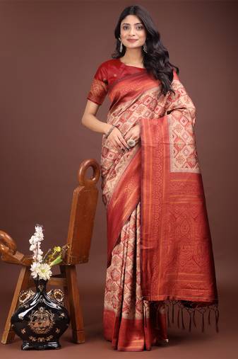 Cream cotton woven zari work tassel saree