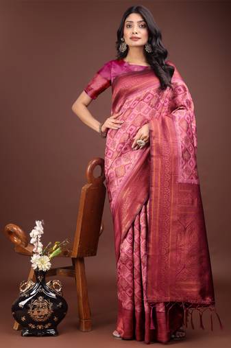 Light pink cotton woven zari work tassel saree