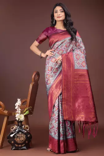 Teal cotton woven zari work tassel saree