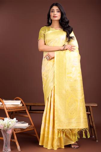 Yellow cotton woven zari work tassel saree