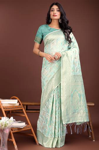 Sea green cotton woven zari work tassel saree