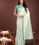 Sea green cotton woven zari work tassel saree