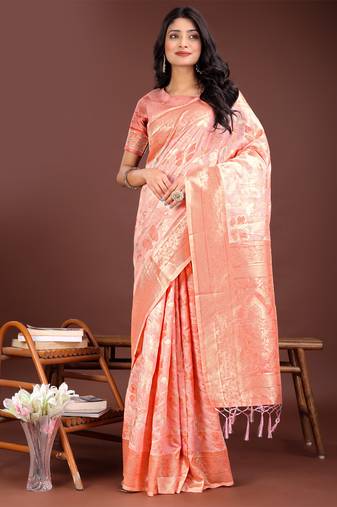 Orange cotton woven zari work tassel saree