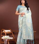 Sky blue cotton woven zari work tassel saree