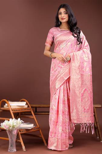 Pink cotton woven zari work tassel saree