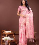 Pink cotton woven zari work tassel saree