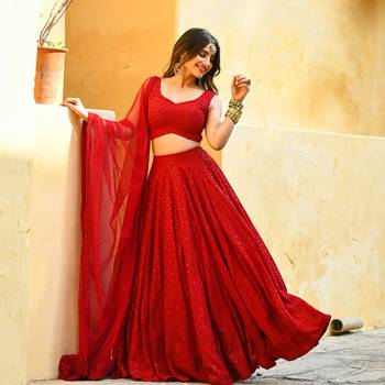 Rayon sequin work red chikankari lehenga choli with stone work dupatta 1