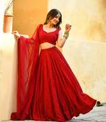 Rayon sequin work red chikankari lehenga choli with stone work dupatta