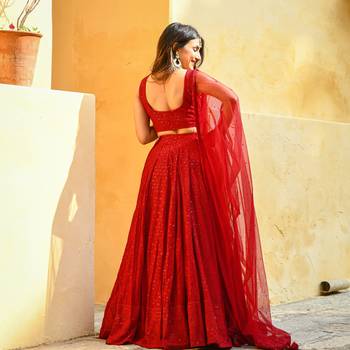 Rayon sequin work red chikankari lehenga choli with stone work dupatta 2