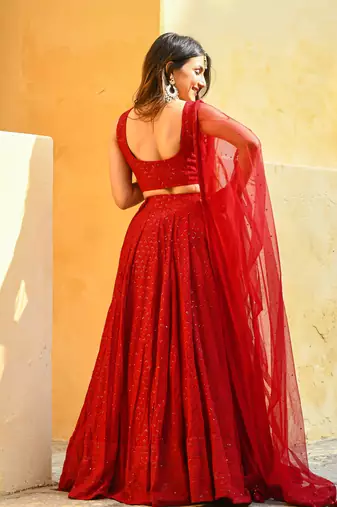 Rayon sequin work red chikankari lehenga choli with stone work dupatta