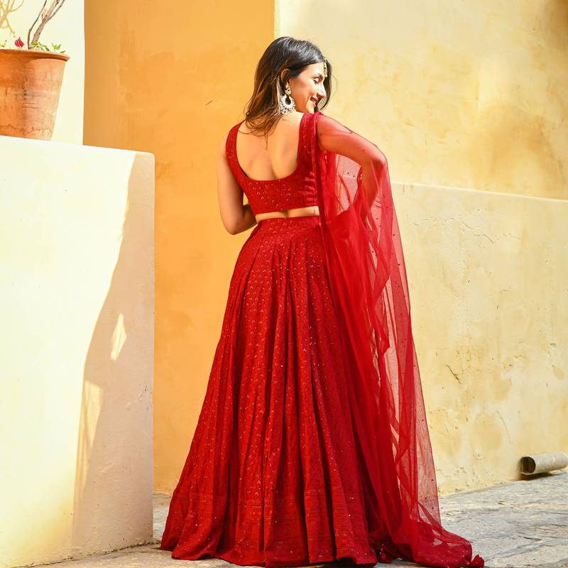 Rayon sequin work red chikankari lehenga choli with stone work dupatta