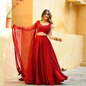 Rayon sequin work red chikankari lehenga choli with stone work dupatta 3