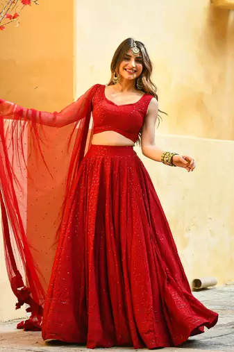 Rayon sequin work red chikankari lehenga choli with stone work dupatta