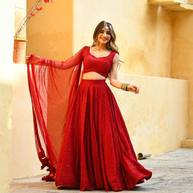Rayon sequin work red chikankari lehenga choli with stone work dupatta