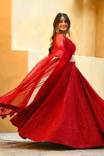 Rayon sequin work red chikankari lehenga choli with stone work dupatta