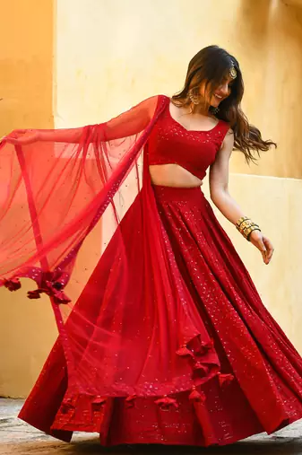 Rayon sequin work red chikankari lehenga choli with stone work dupatta