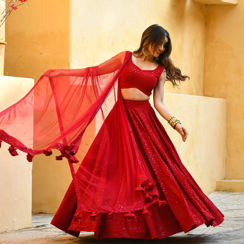 Rayon sequin work red chikankari lehenga choli with stone work dupatta