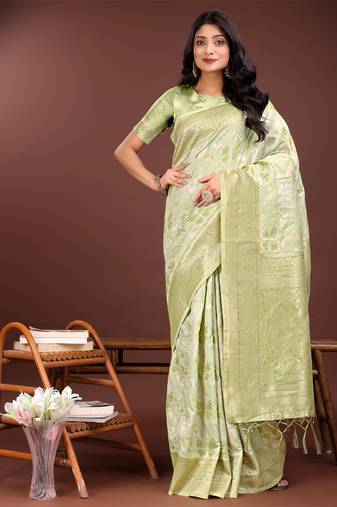 Light green cotton woven zari work tassel saree
