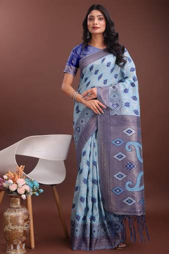 Sky blue linen cotton woven zari work tassel saree