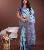 Sky blue linen cotton woven zari work tassel saree