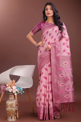 Light pink linen cotton woven zari work tassel saree