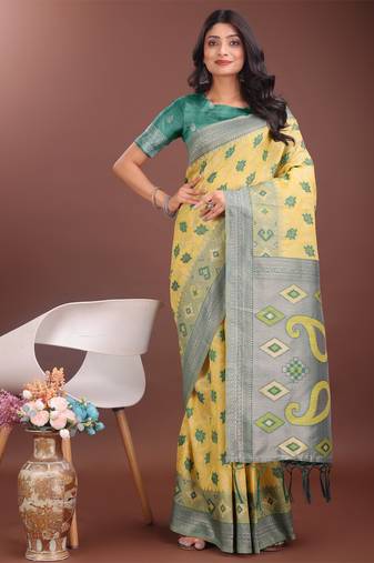Yellow linen cotton woven zari work tassel saree