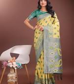 Yellow linen cotton woven zari work tassel saree