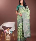 Light green linen cotton woven zari work tassel saree