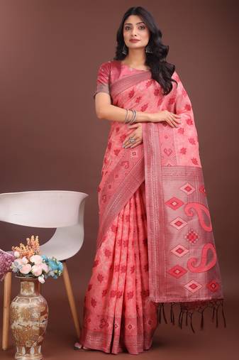 Peach linen cotton woven zari work tassel saree