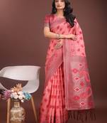 Peach linen cotton woven zari work tassel saree