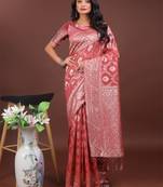 Peach linen cotton woven zari work tassel saree