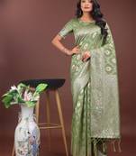 Light green linen cotton woven zari work tassel saree